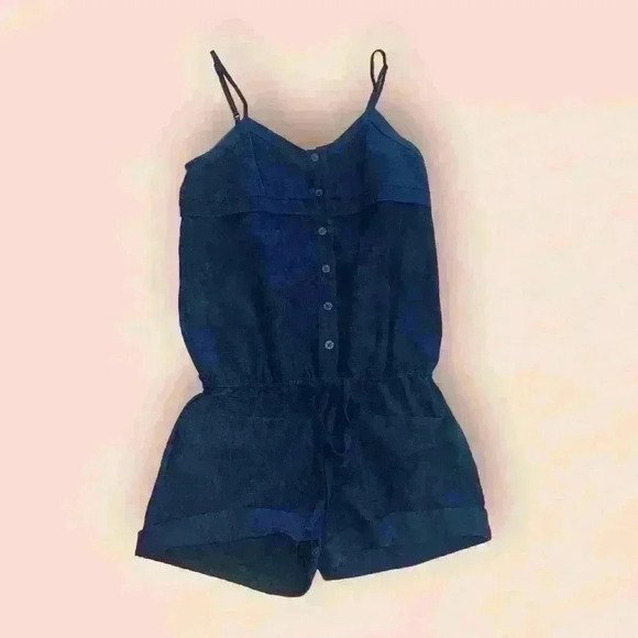 Women's Blue Linen Romper Sleeveless Button-Down Adjustable Straps Pockets - Picture 1 of 4